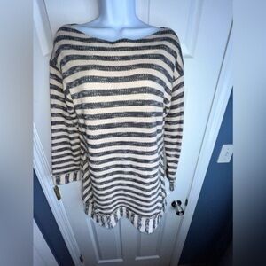 Soft Surrounding Women's Small Tan Blue Stripe Cotton Knit Sweater Top S #29250